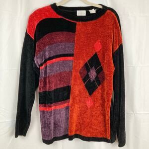 VTG 90s Womens M FLAW Orange Black Geometric Argyle Sweater Cozy Abstract Funky